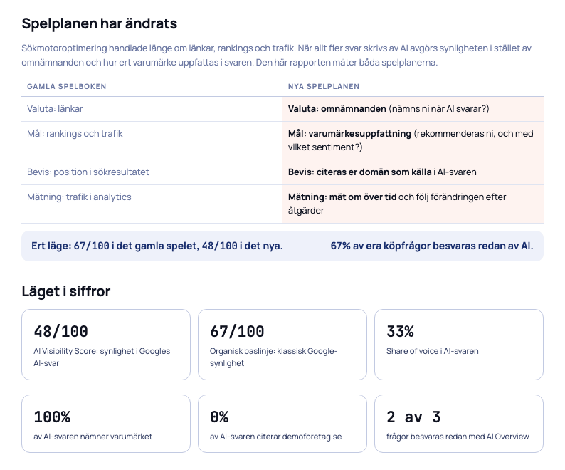 Uppslag ur en exempelrapport: jämförelse mellan gamla och nya spelplanen samt nyckeltal ur mätningen